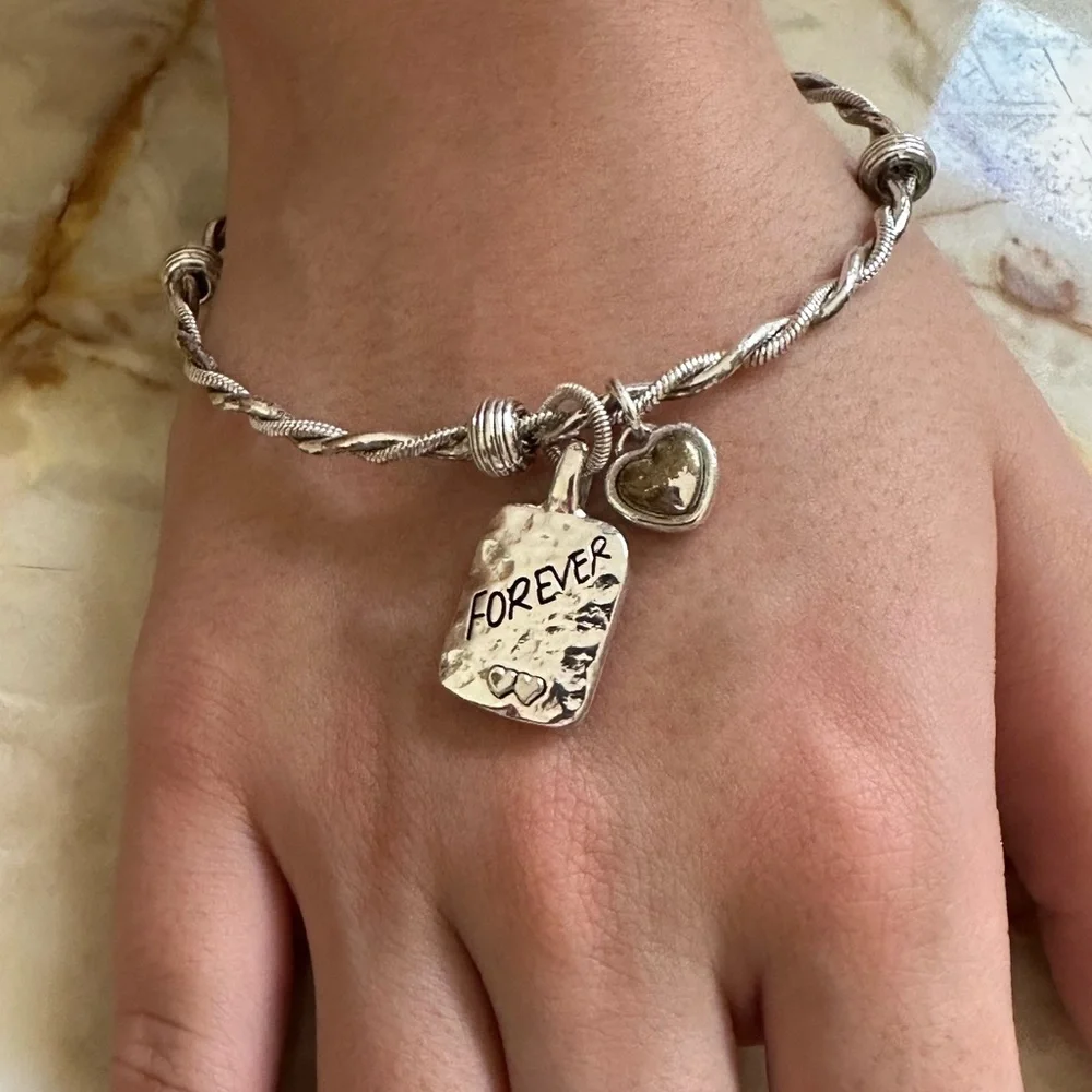 Brighton Silver Twisted Bracelet with Heart and Forever Charms​